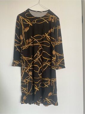 stradivarius Black Long Sleeve Dress with Gold Rope Print